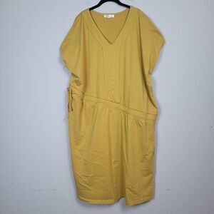 Pure by Ulla Popken Womens 24/26 Midi Dress Gold Mustard Drawstring Waist Cotton